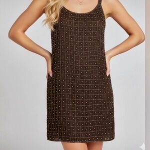 Vintage Brown Beaded Mini Dress​ Sz Med